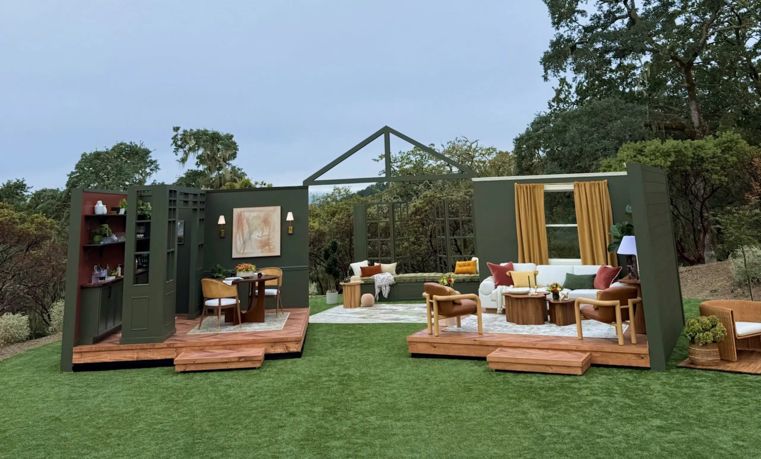 Open-air house vignettes styled in Behr colors on a lawn in Sonoma wine country